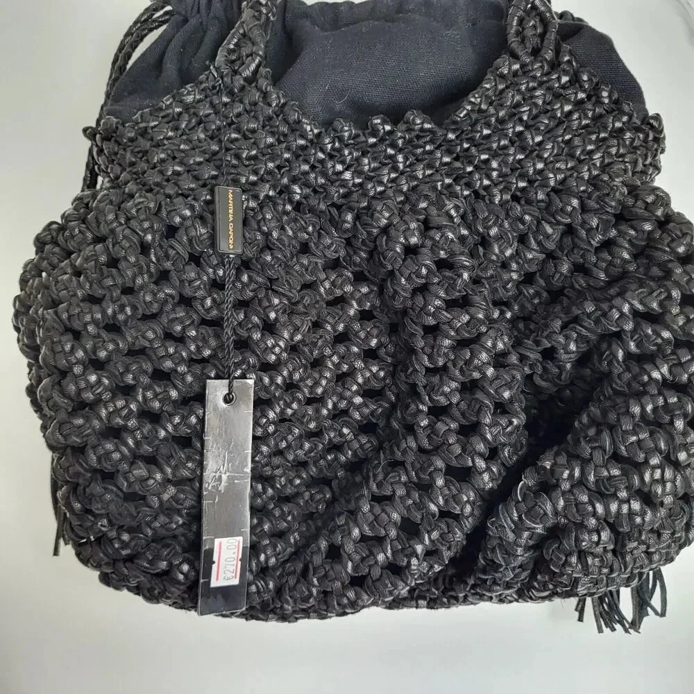NWT $297 Martina Caponi Braided 2Way Hand Bag/Leather W Linen Black NEW … - Picture 5 of 13